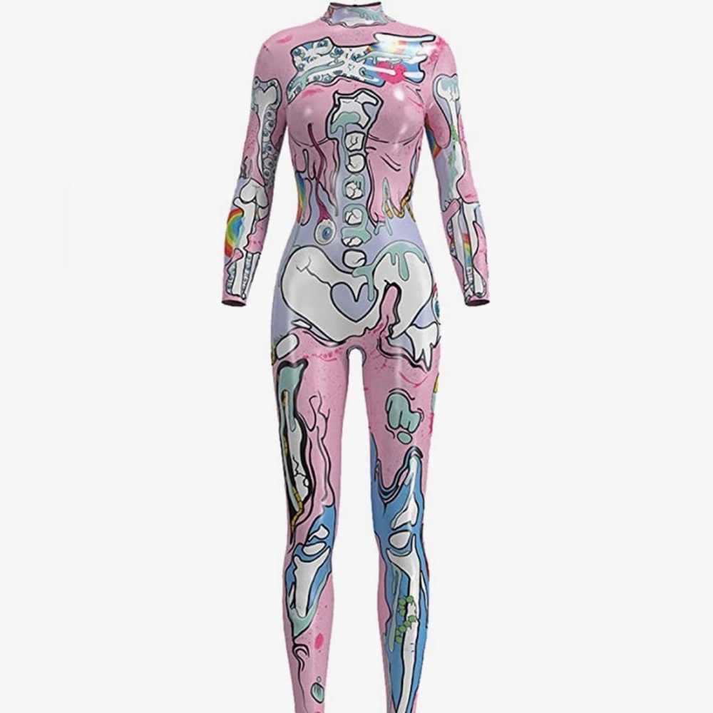 Honeystore Women's Skeleton Print Jumpsuit Costume 3D Stretch Bodysuit Cosplay